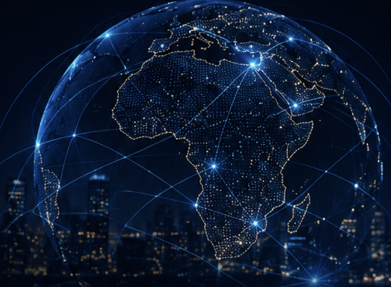 High-tech digital network globe focusing on Africa